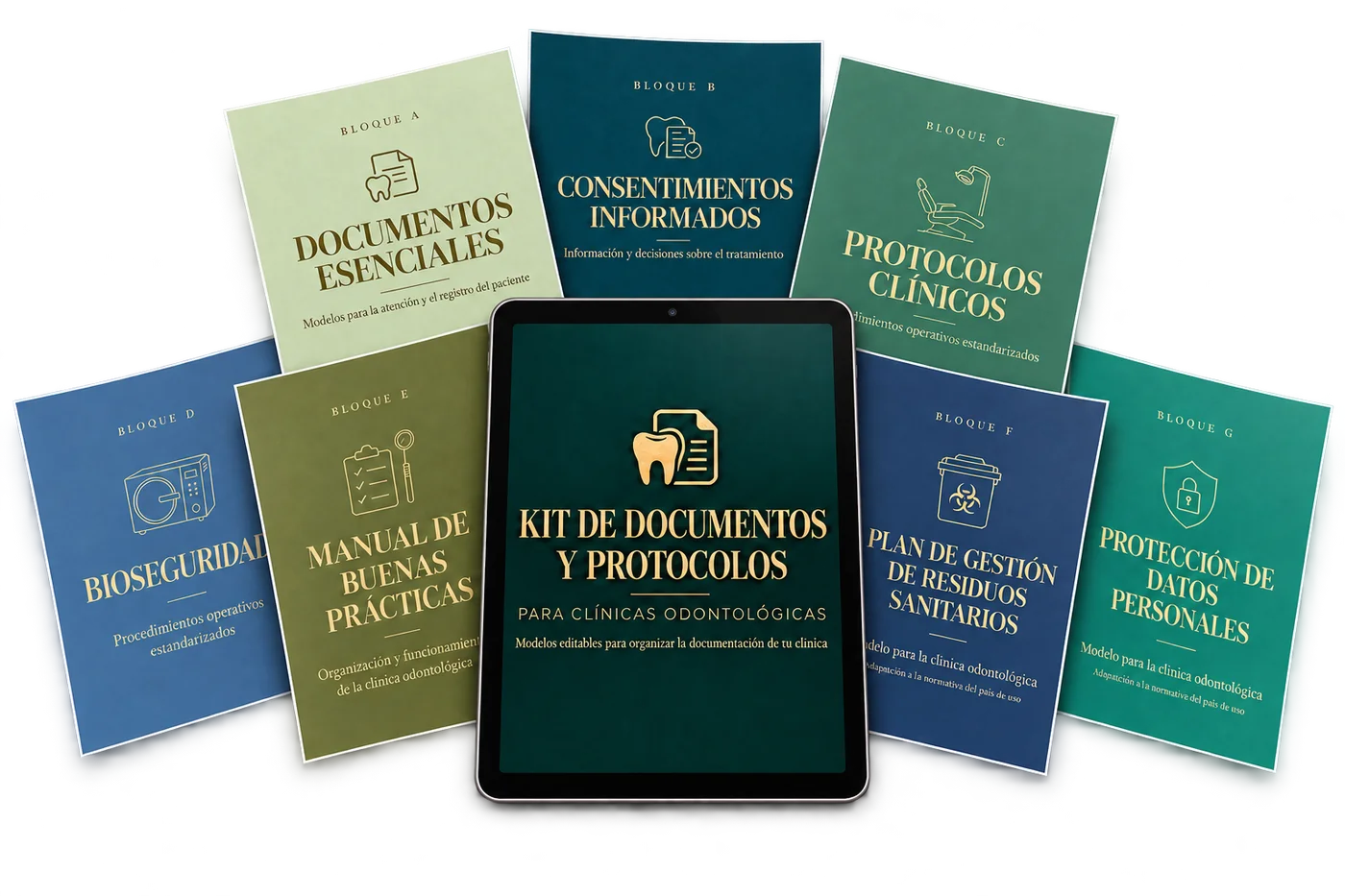 Los 7 bloques del kit: Documentos Esenciales, Consentimientos Informados, Protocolos Clínicos, Bioseguridad, Manual de Buenas Prácticas, Plan de Gestión de Residuos y Protección de Datos