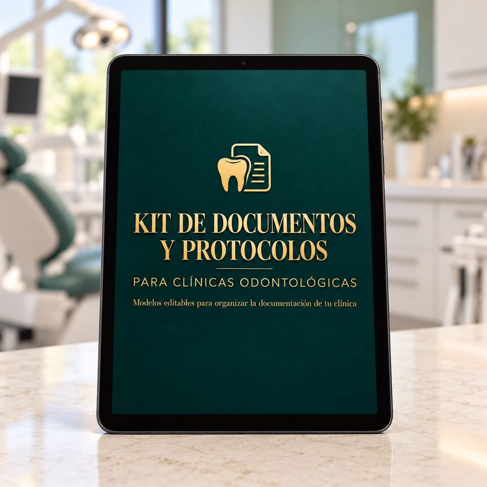 Kit de Documentos y Protocolos en una tablet sobre el mostrador de la clínica