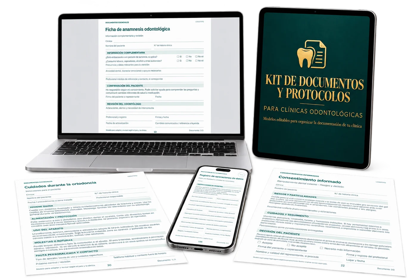 Kit de Documentos y Protocolos para Clínicas Odontológicas: tablet y documentos de ejemplo